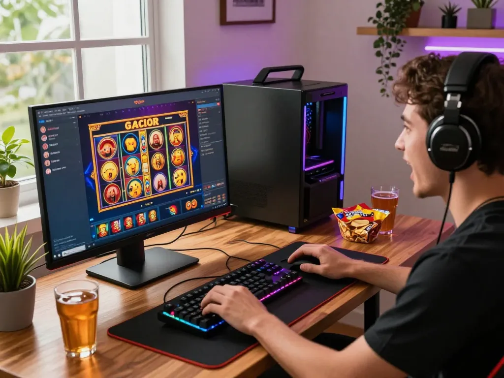 Excited gamer enjoying slot gacor online gaming experience in a cozy home setup surrounded by colorful lights and gaming equipment.