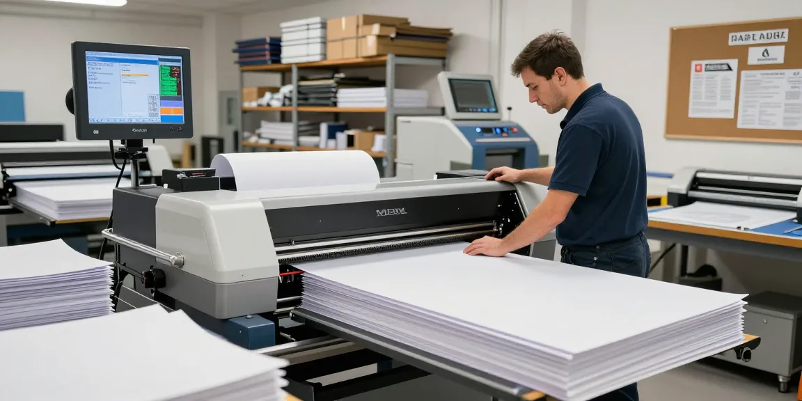 Technician using MBM cutting machine in a print finishing workshop, showcasing efficiency and precision.