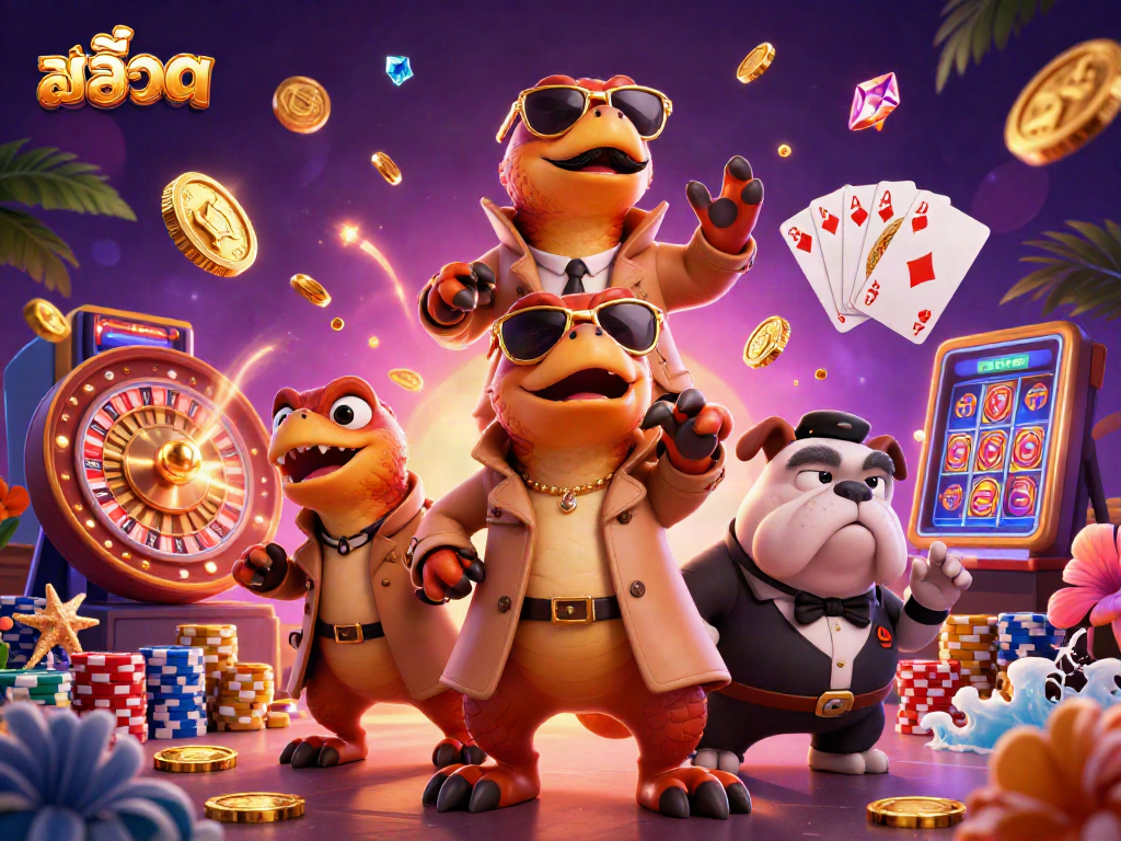 Spin thrilling สล็อต reels with raptors in a trench coat and vibrant casino elements.