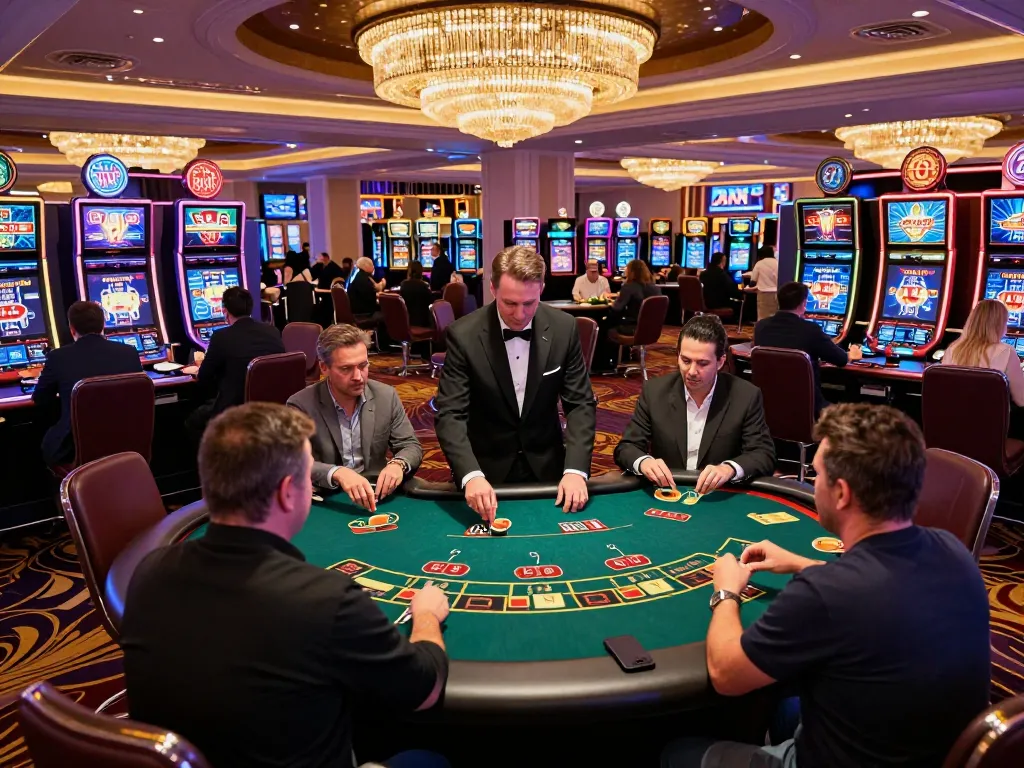 Players enjoying a strategic game at cloud-africa's blackjack tables in a lively casino atmosphere.