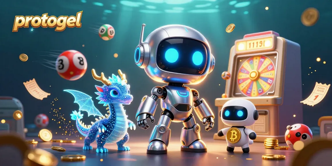 Experience thrill with protogel's vibrant lottery game featuring robotic mascots and colorful lottery elements.