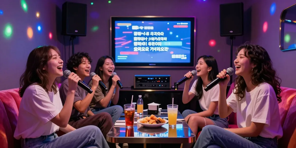 유앤미 가라오케에서 친구들과 즐거운 시간을 보내는 모습, 프라이빗 룸의 생동감 넘치는 분위기