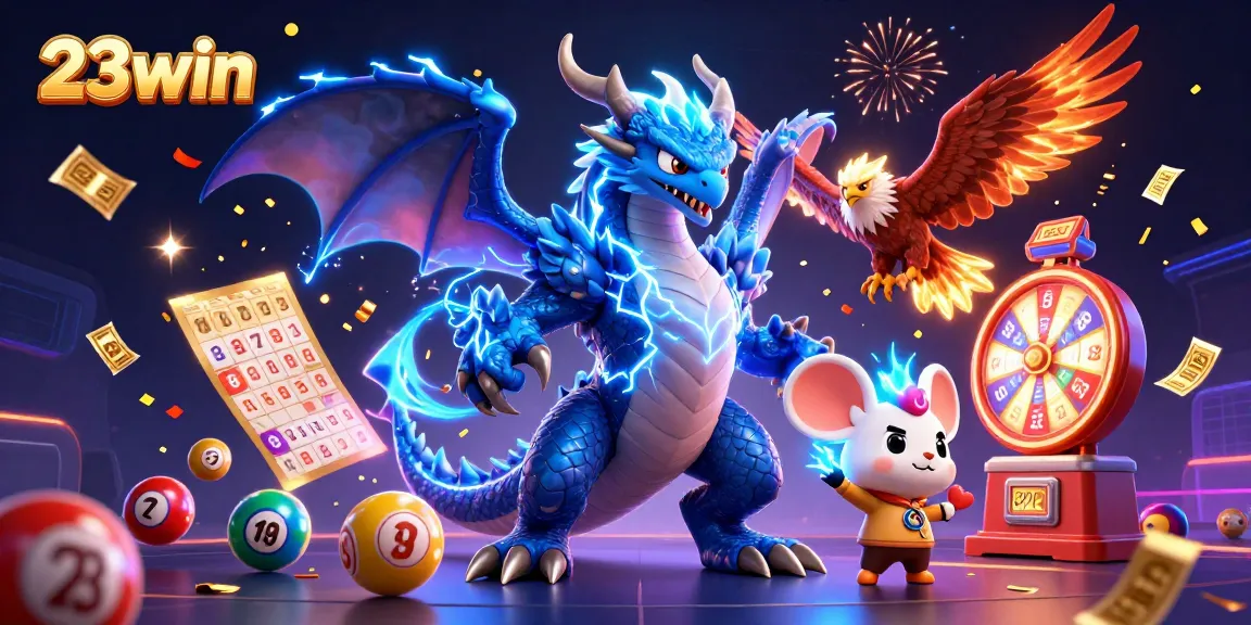 Engage with 23win's exciting casino games amidst animated colorful elements and thrilling characters.