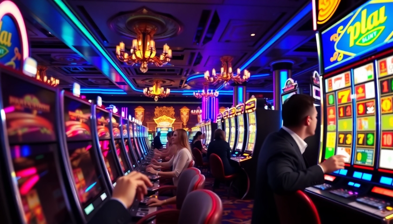 Kenangan4d dengan pemain slot yang bersemangat di kasino cerah dan ramai.