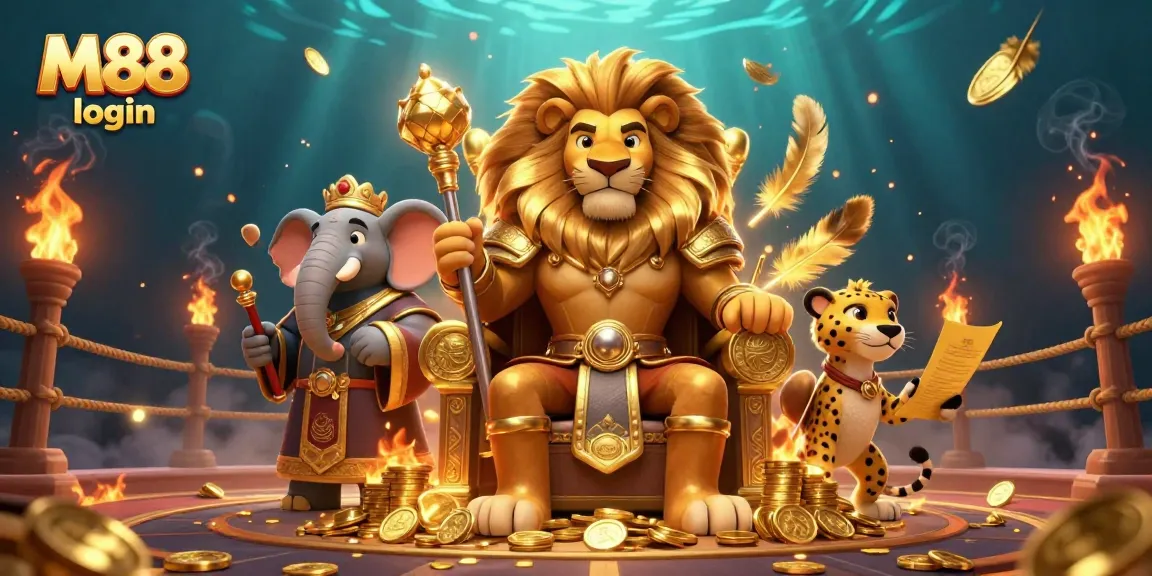 M88 login icon shows a fierce lion king with royal armor in a dynamic betting arena illustration.