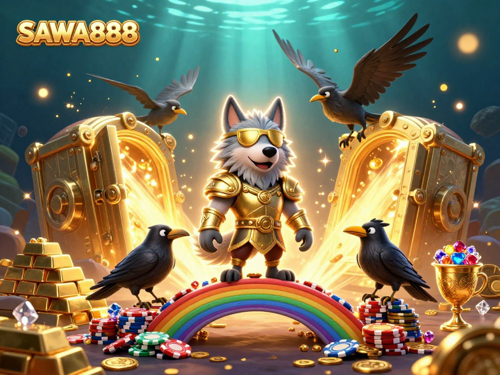 Experience thrilling games at SAWA888 with Odin and his ravens amidst casino treasures.