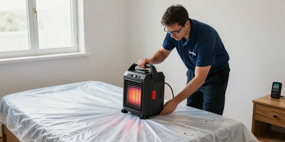 Bed bug heat treatment process in a residential bedroom with an exterminator using specialized equipment for effective pest control.