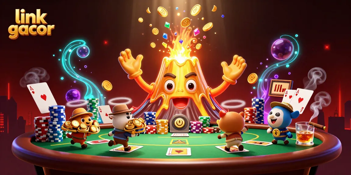 Experience the thrill of link gacor as a golden volcano erupts treasure at a dynamic poker scene.