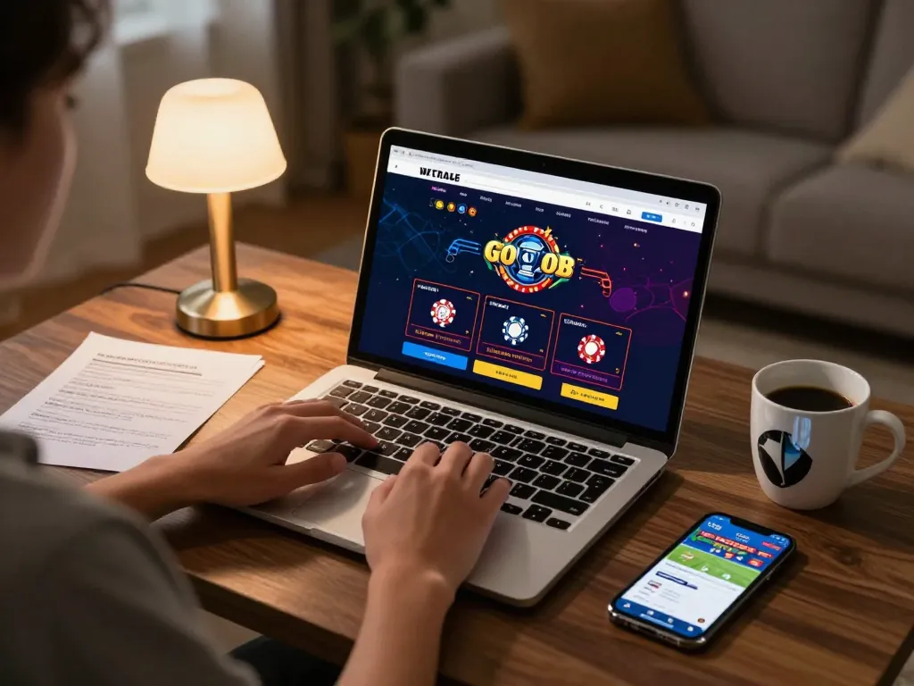 Engaged user exploring a white label casino on a laptop at home, showcasing strategic gaming.