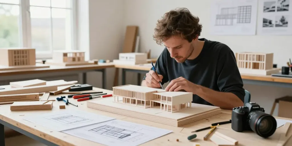 Architectural model maker Netherlands creating detailed building models in a vibrant workshop.