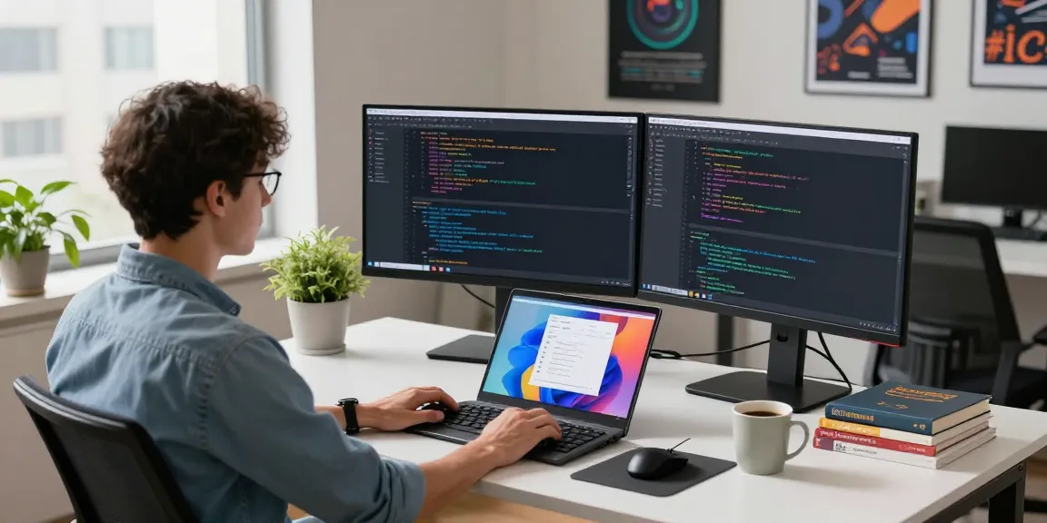 Developer coding on dual monitors for 纸飞机中文版 app in a modern workspace.