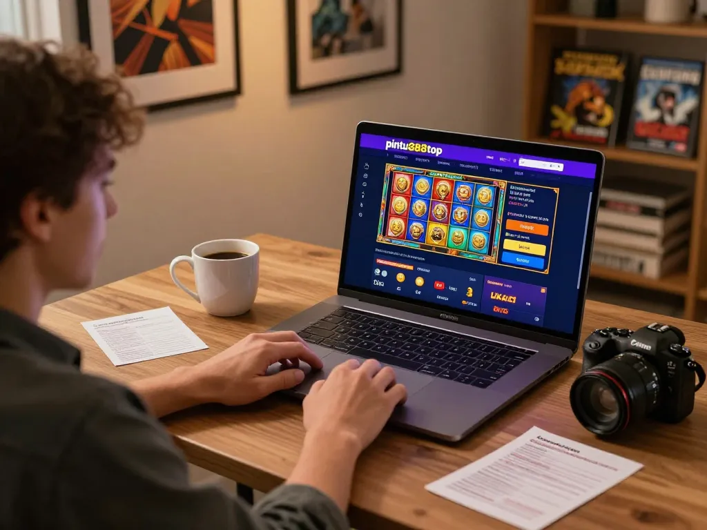 Engaging player using pintu888top on a laptop in a cozy home office, showcasing online gambling.
