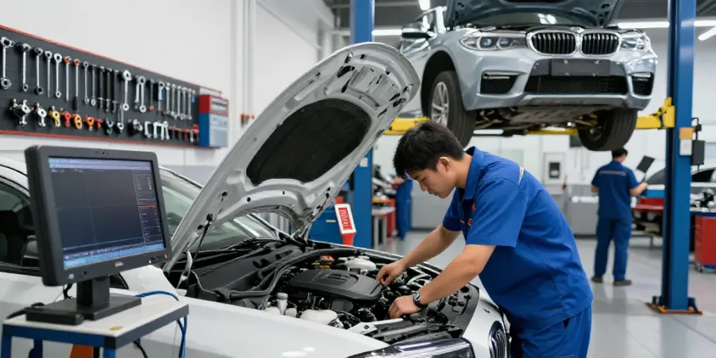 BMW werkstatt hannover with professional technicians servicing vehicles using advanced tools in a bright workshop.
