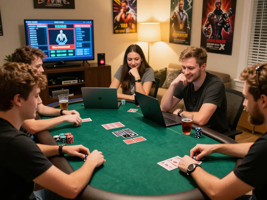 Players enjoying situs idn poker games in a lively home setting, showcasing camaraderie and competitive spirit.