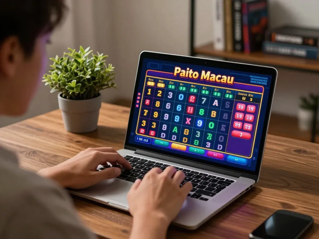 Paito macau online gaming session, capturing a focused gambler in a stylish home office.