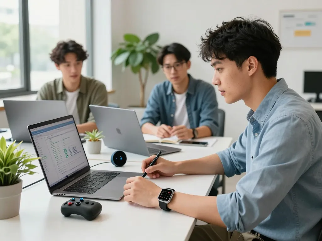 Smart tech gadgets showcased in a collaborative workspace, highlighting innovation and technology.