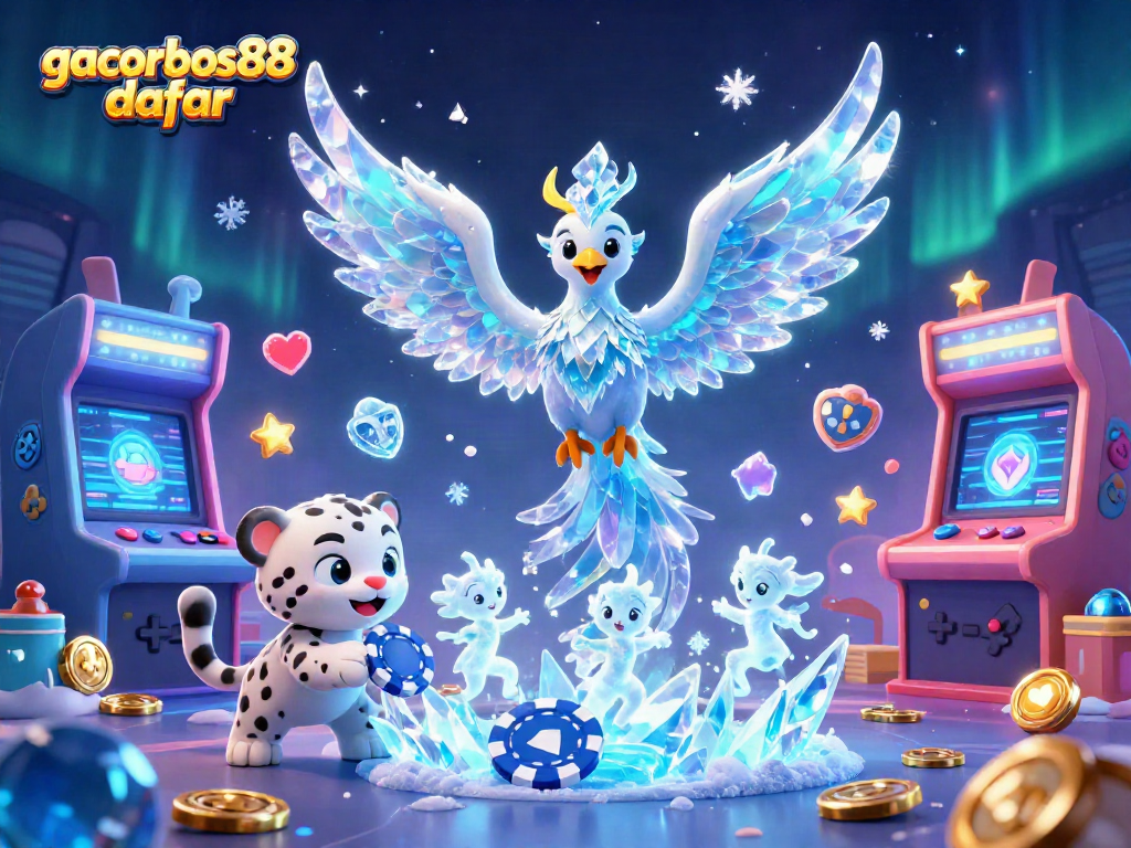 Engage with gacorbos88 daftar through a dazzling 3D illustration of a phoenix, snow leopard, and glowing sprites in a dynamic casino setting.
