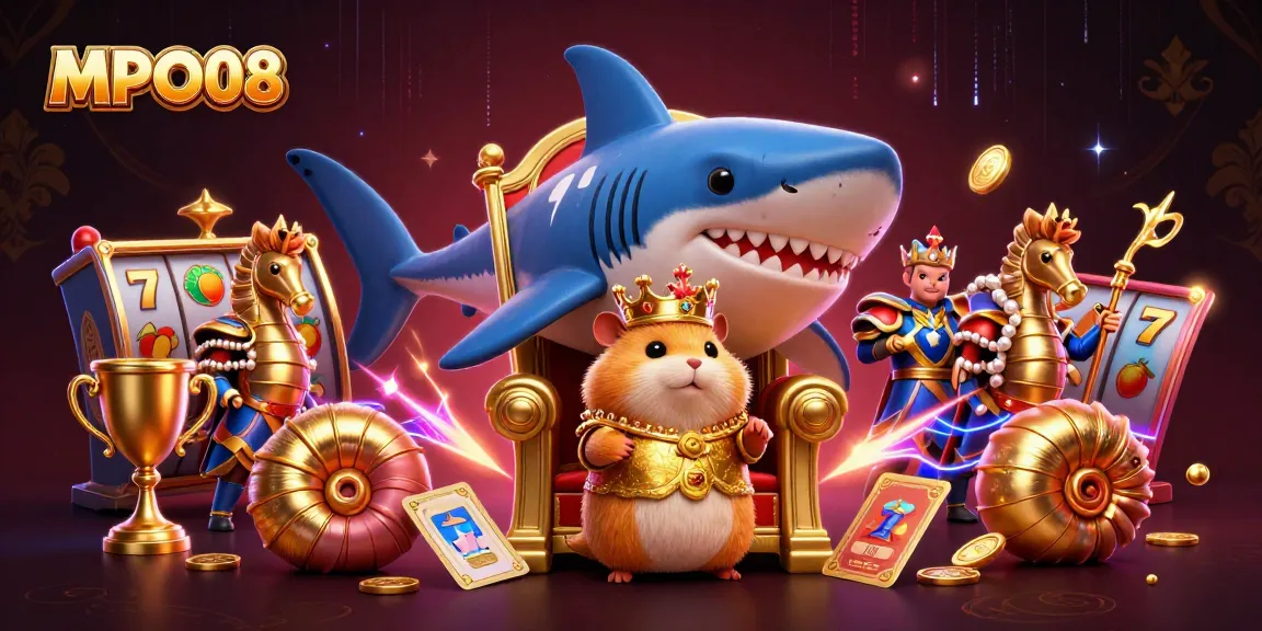 MPO08 showcases a vibrant 3D casino scene with a golden hamster king and thrilling slot elements.