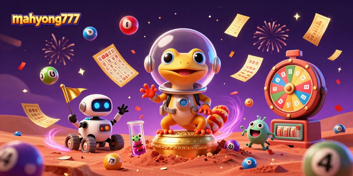 Engage with mahyong777 in a vibrant 3D casino scene filled with colorful lottery elements.