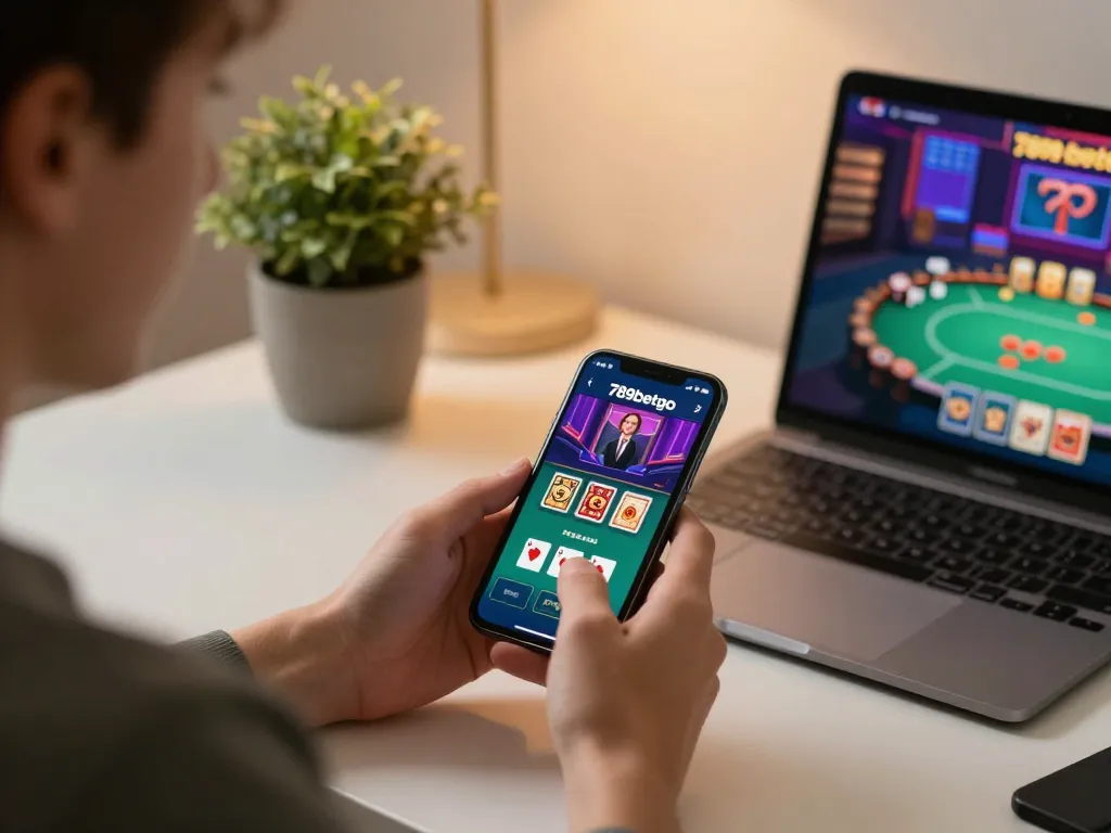 Player enjoying a casino experience using the 789betgo app on smartphone in a cozy home setting.