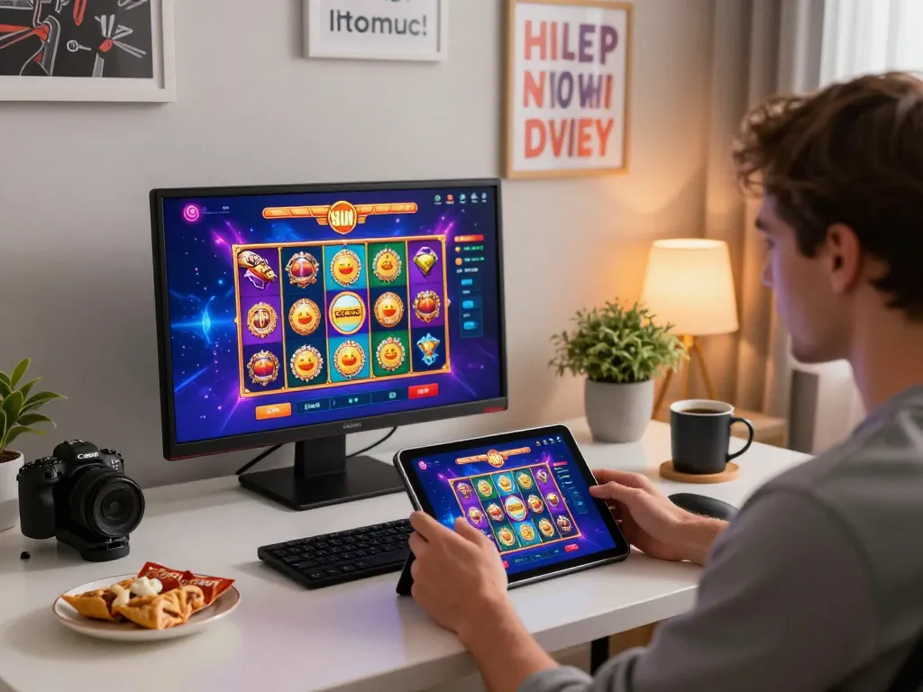 Player interacting with the sun win casino app on a tablet, showcasing engaging gameplay in a cozy home setting.