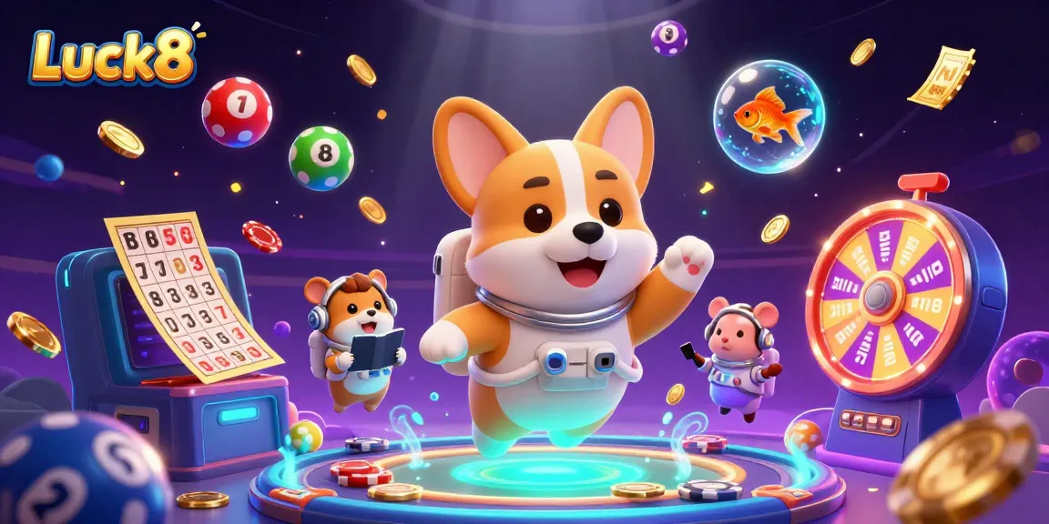 Experience Luck8's vibrant casino atmosphere with a playful astronaut corgi in a space station filled with drifting poker chips and colorful lottery balls.