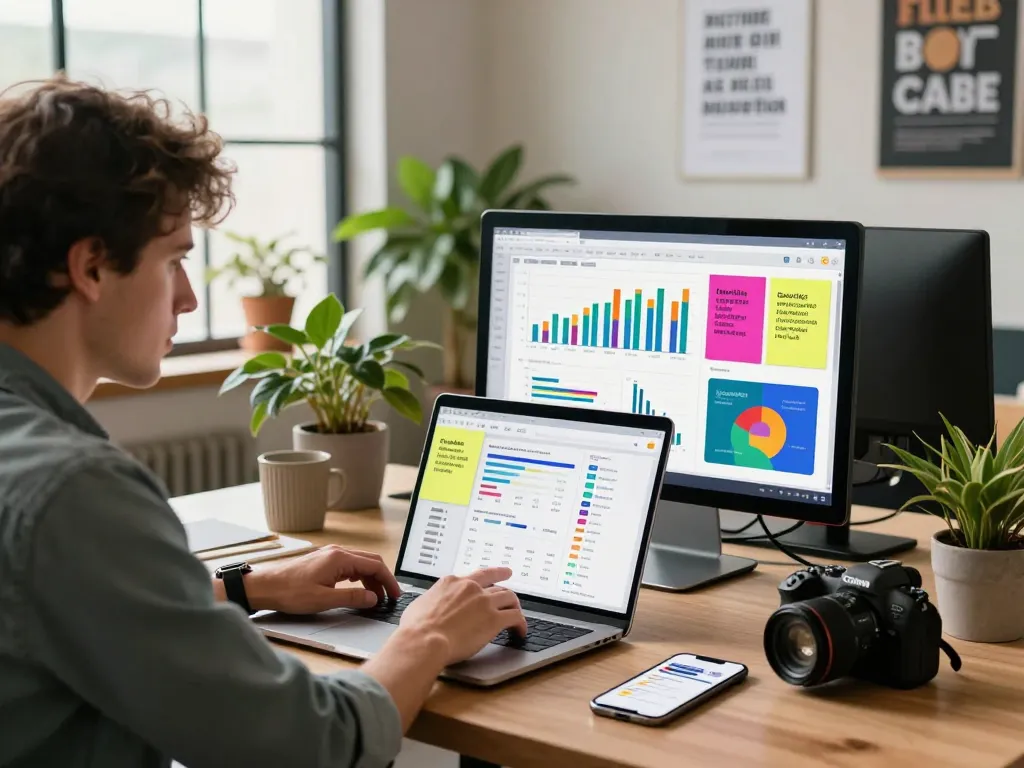 Entrepreneur analyzing data on laptop showcasing PLR Digital Products for Sale in a stylish office.