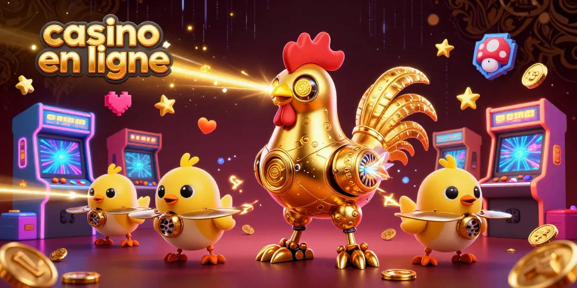 Jouer au casino en ligne avec un robot coq futuriste qui tire des rayons laser et des drones poussins.