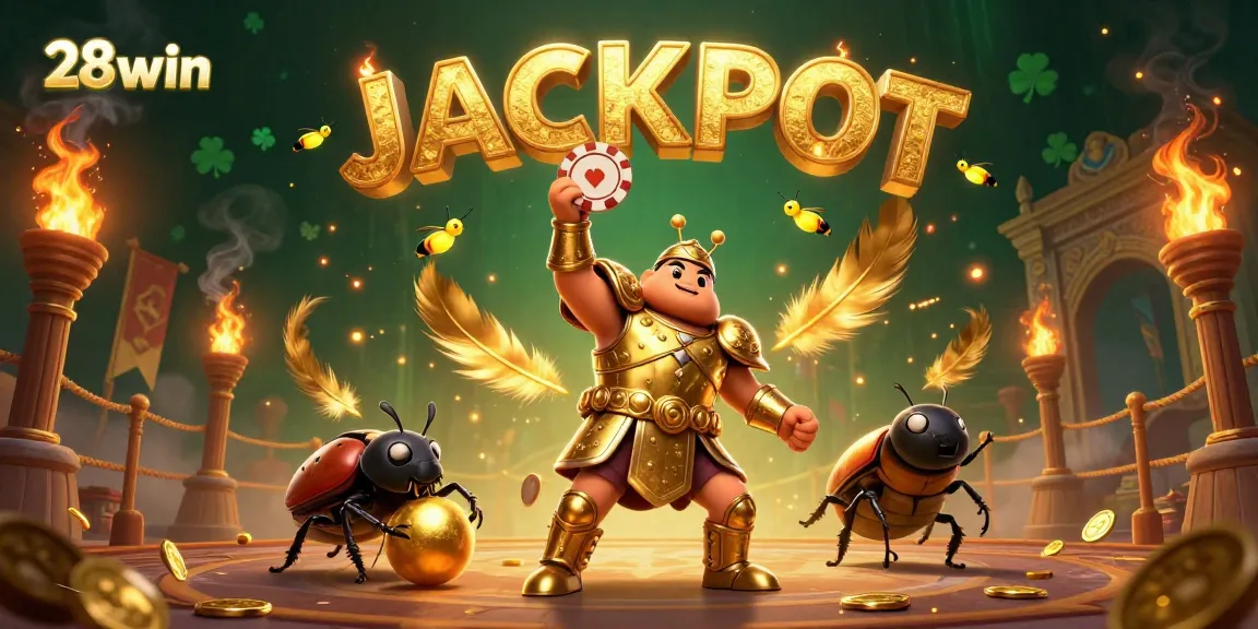 Engage with 28win's thrilling jackpot scene featuring a victorious beetle in gladiator armor triumphing over gambling challenges.