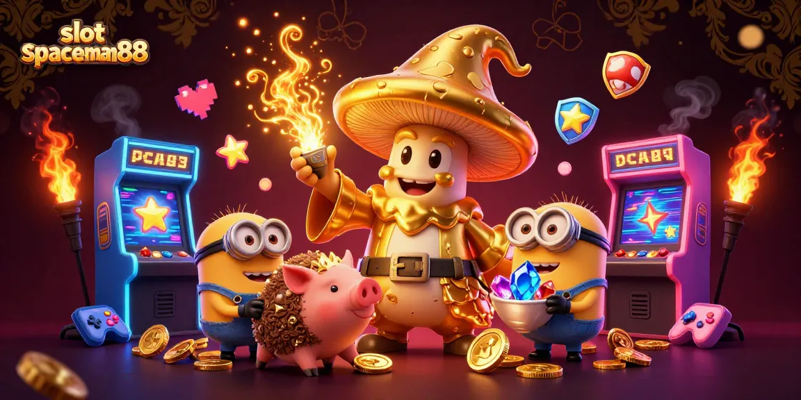 Engage with slot spaceman88 as a golden mushroom wizard transforms the casino experience with colorful game elements.