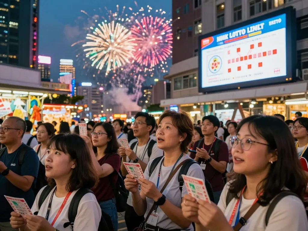 Engaged crowd watching HK Lotto live draw amidst vibrant Hong Kong city, capturing the excitement of the lottery.