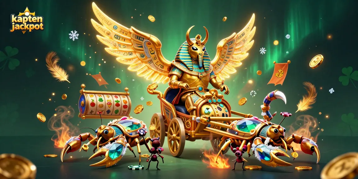 Experience the exciting kaptenjackpot as a golden scarab beetle leads a dynamic chariot through a vibrant casino scene.