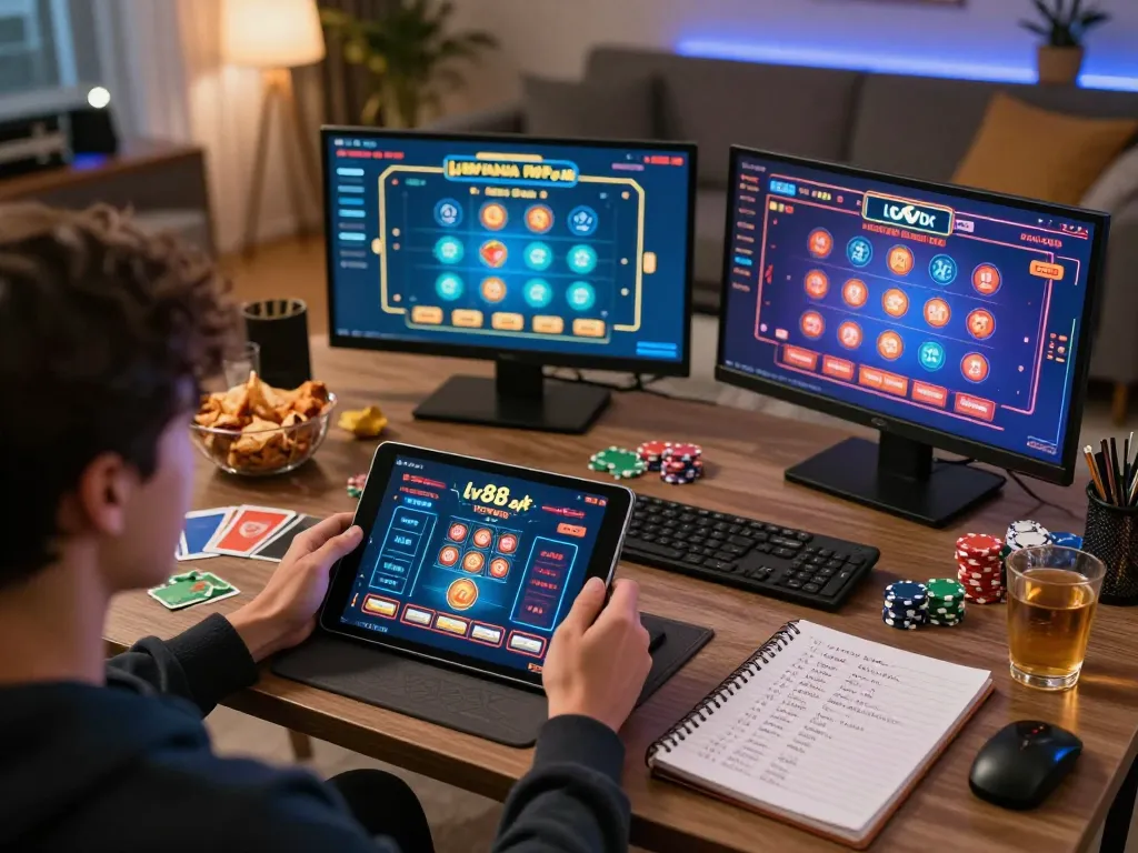 Engaging online gaming at home with lv88 apk displayed on tablet, showcasing an immersive gambling experience.