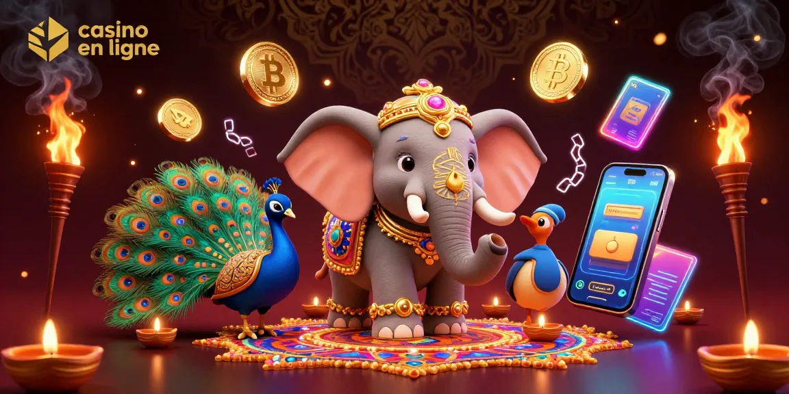 Jouer au casino en ligne avec des personnages dynamiques et des éléments crypto lumineux dans une scène festive.