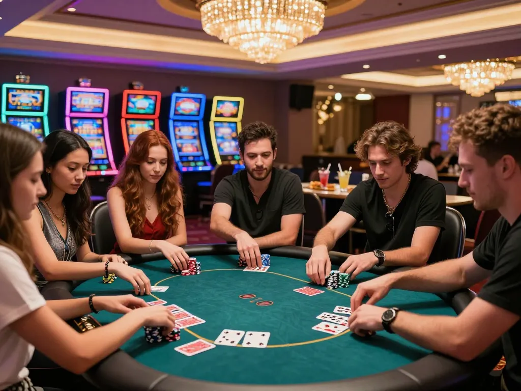 Friends enjoying lively poker game at MM88 casino, vibrant atmosphere.