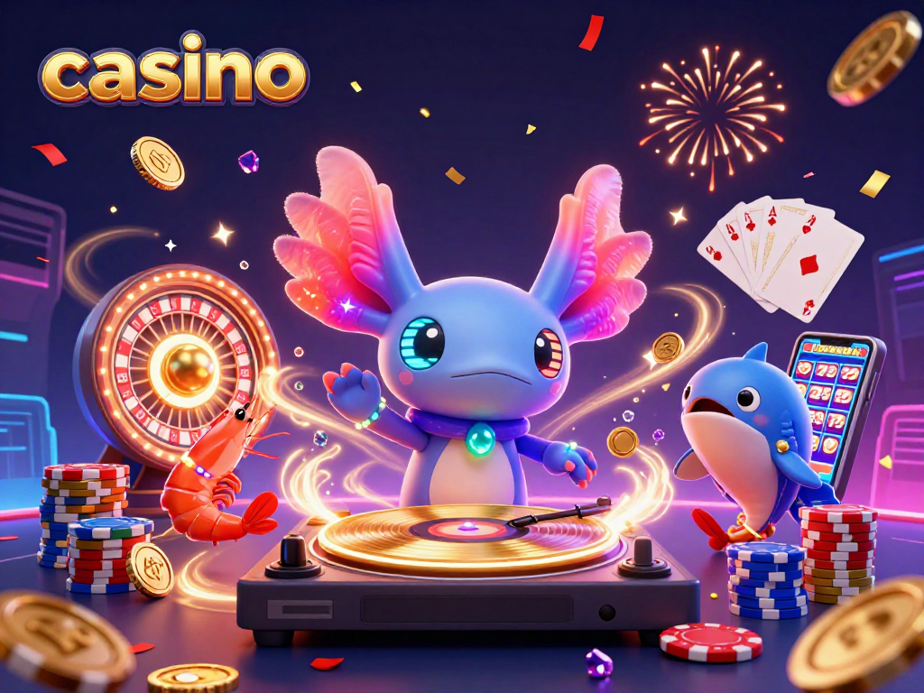 Casino celebration scene featuring a vibrant 3D axolotl DJ and colorful gambling elements.