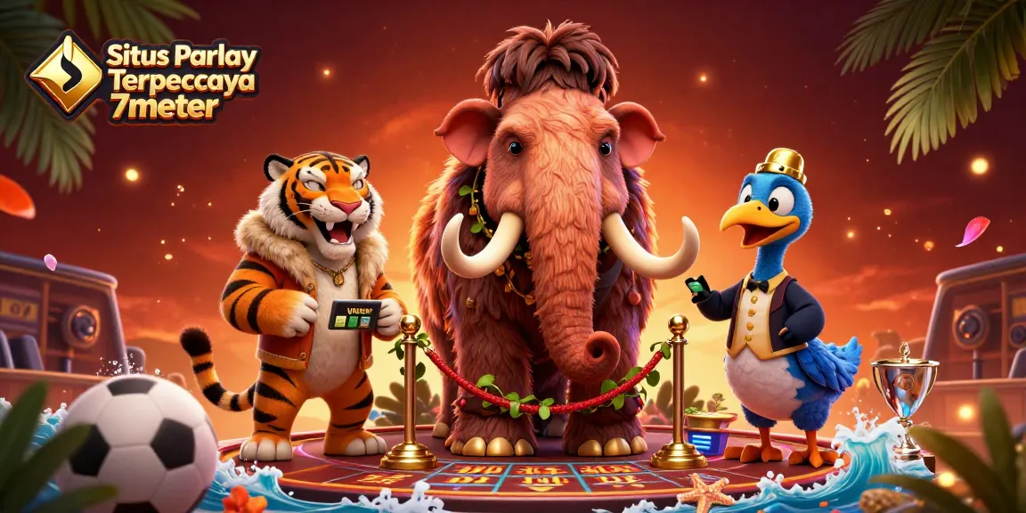 Situs Parlay Terpercaya 7meter showcases a vibrant scene with characters in a dynamic sports betting environment.