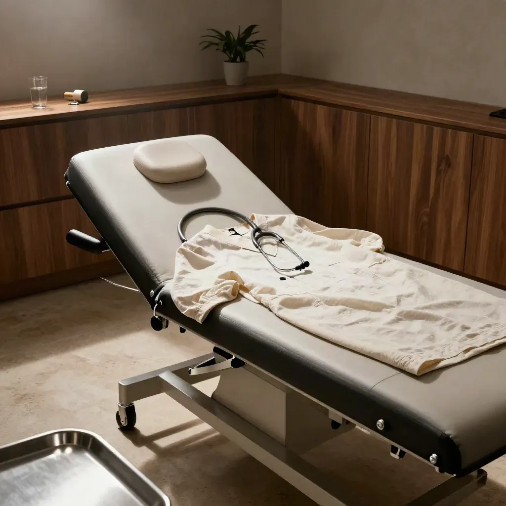 Quiet wellness exam room with chair, gown, stethoscope, cushion, water glass and plant