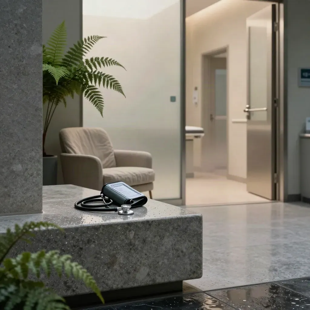 Moody clinic threshold with stone plinth, linen chair, cuff, stethoscope, fern, and glowing corridor.