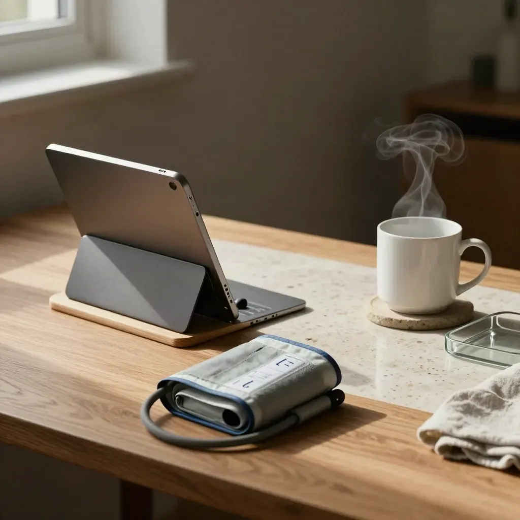 Telehealth setup with tablet dock, headset, blood-pressure cuff and steaming mug on a warm home desk.