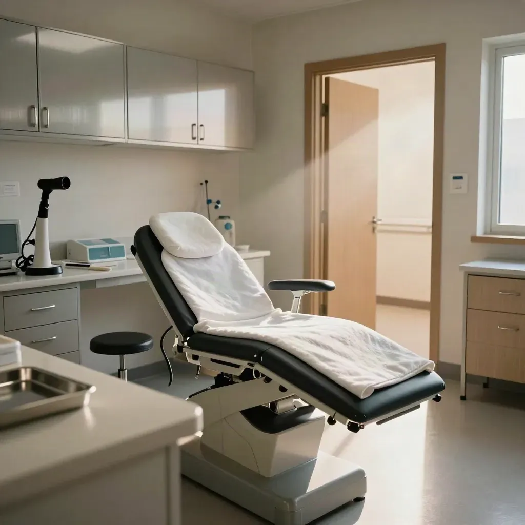 Prepared primary-care exam room with otoscope dock, blanket, stool, and softly lit hallway doorway.