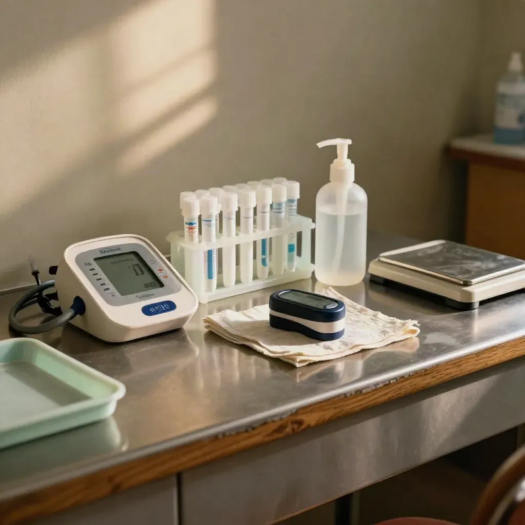 Preventive screening station with blood-pressure monitor, tubes, pulse ox and scale on a warm counter.