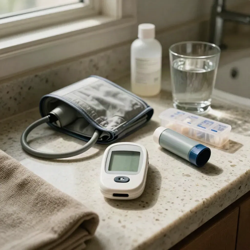 Chronic-care home station with glucose meter, inhaler, cuff, pill organizer and water glass on a stone counter.