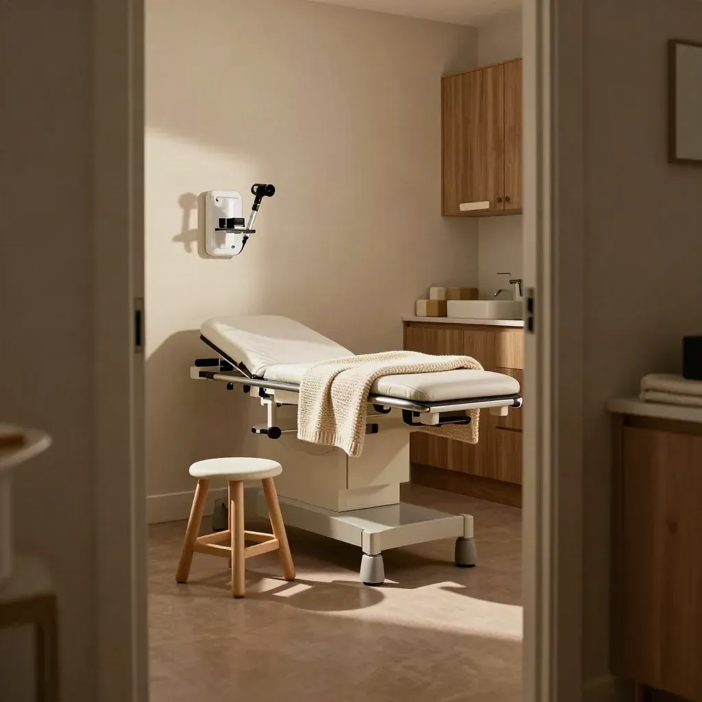 Calm pediatric exam room with stool, wall otoscope, blanket, toy blocks in warm afternoon light.