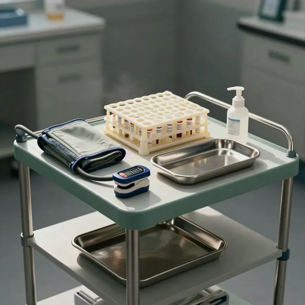 Clinic screening cart with racks, cuff, pulse ox, antiseptic bottle, and trays in dramatic light.