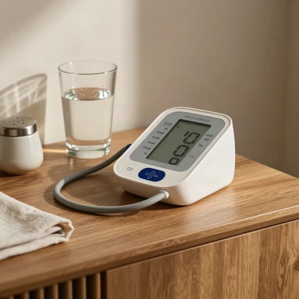 Blood-pressure cuff, monitor, water glass, and salt cellar on a warm sideboard