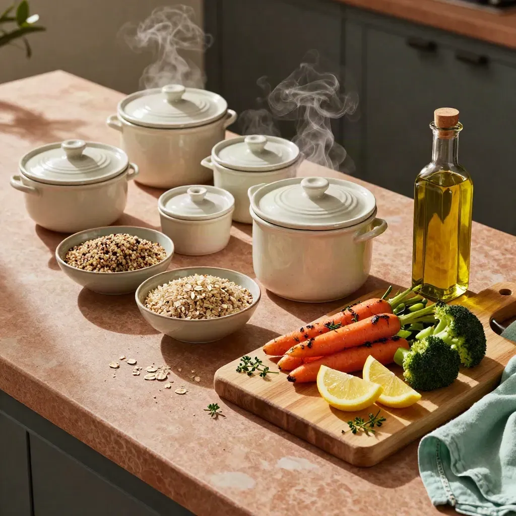 Top-down food prep counter with grains bowls, vegetables, containers, and olive oil