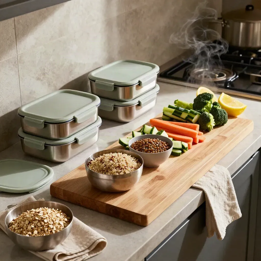 Overhead meal-prep counter with lunch boxes, grains, chopped vegetables, and warm kitchen steam.