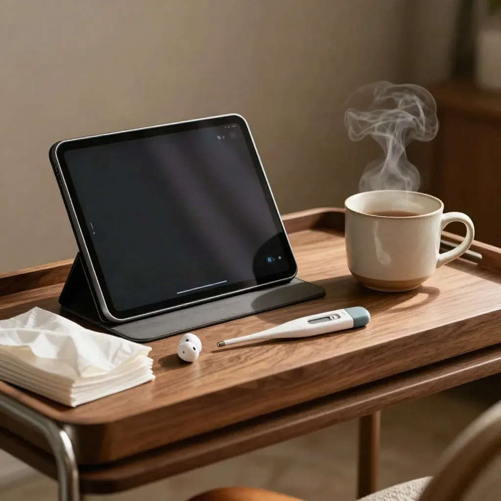 Tablet dock, earbuds, tissues, thermometer and steaming mug in a quiet remote-care nook.