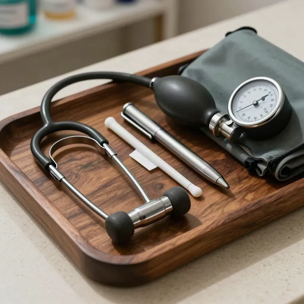 Macro medical tool set on walnut tray: stethoscope, reflex hammer, penlight, otoscope case, BP gauge.